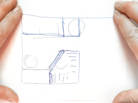 Hands hold a piece of blank paper featuring two sketches of geometric shapes and a stylized object,...
