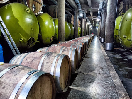 Inside the wine cellar at Kindzmarauli Winery, showcasing a row of oak barrels and green...