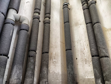 Several insulated industrial pipes are aligned on a wall in a factory, showing a utilitarian design in a well-lit area.の写真素材