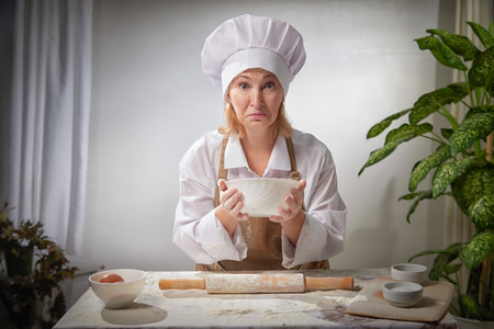 Elderly woman in a chef outfit playfully cooking with flour during a humorous kitchen photo shoot at...