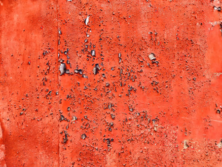 A vibrant red wall shows signs of wear, featuring peeling paint and an uneven texture, perfect for adding character to any design.の写真素材