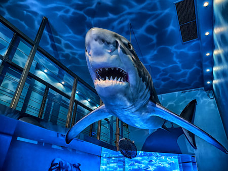 A large shark model hangs from the ceiling, showing impressive teeth against a backdrop of blue aquatic decor.の写真素材