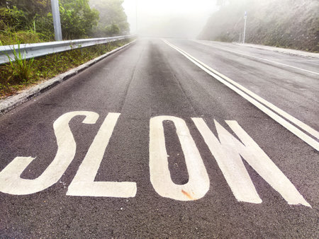 A weathered road with the word slow painted large, surrounded by fog, indicating treacherous driving conditions ahead.の写真素材