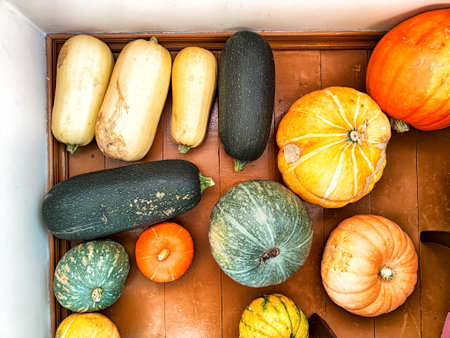 Various types of colorful squashes and pumpkins displayed on a wooden background, showing the bounty...