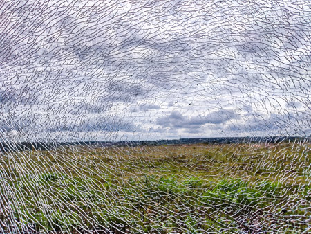 A vast green field stretches under a cloudy sky, seen through the dramatic effects of cracked glass...