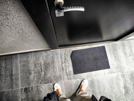 A person appears to be waiting near a sleek black door, dressed casually, with a welcome mat visible on the floor.の写真素材
