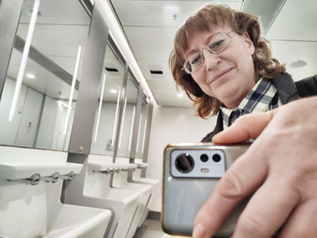 A middle-aged woman smiles at her reflection while taking a selfie in a clean, modern restroom with bright lighting. She looks relaxed and casual.の写真素材