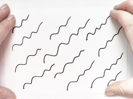 Hands are holding a piece of white paper featuring multiple hand-drawn wavy lines, suggesting a creative or artistic endeavor.の写真素材