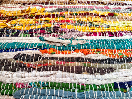 Intricate arrangement of vibrant fabrics exhibits a harmonious blend of colors and textures, perfect for creative projects or decor.の写真素材