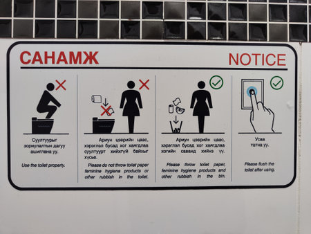 Clear instructions emphasize appropriate toilet usage, waste disposal, and hygiene practices in a public restroom.の写真素材