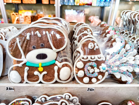 A variety of adorable dog-shaped cookies and colorful confections are neatly arranged in a bakery display.の写真素材