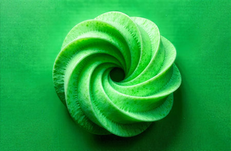 Spiral formation made of layered green elements creates a visually striking design on a matching green backdrop.の素材