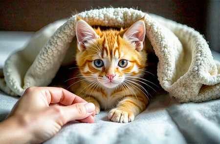 A sick kitten struggles with illness while being comforted under a soft blanket. A hand reaches out to provide gentle care and warmth.の素材