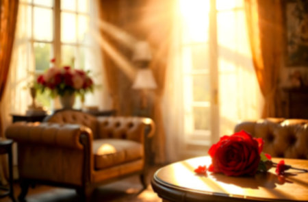 Romantic setting for Valentine's Day with sunlight streaming through windows and a red rose on table. Blurred pictureの素材