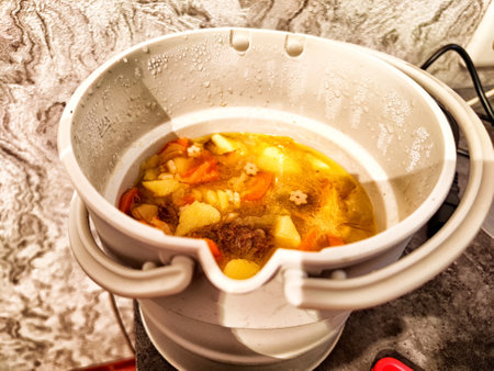 A pot filled with simmering vegetables is placed on a countertop, emitting steam while cooking a nutritious soup.の写真素材