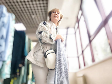 A middle aged woman stands happily in a store, holding shopping items while exploring various...