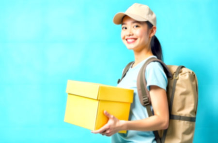 A cheerful courier in a cartoon style joyfully carries a yellow delivery box while wearing a cap and backpack, set against a colorful backdrop. Blurred picture.の素材