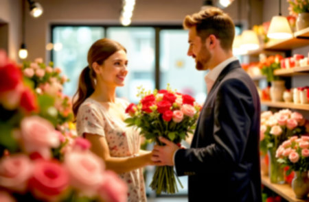 A couple exchanges smiles while holding beautiful bouquets inside a flower shop filled with colorful blooms and a soft, warm ambiance.の素材