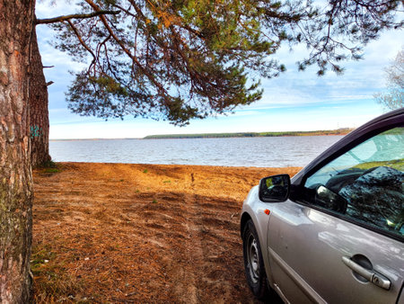 A parked car sits by a calm lake surrounded by trees, showcasing a peaceful nature landscape during daytime.の写真素材