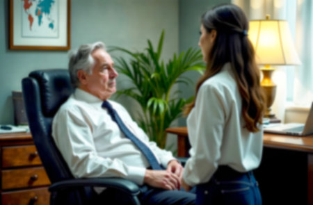 In a business office, an experienced manager engages in conversation with a subordinate about ongoing project tasks and responsibilities. Blurred picture.の素材