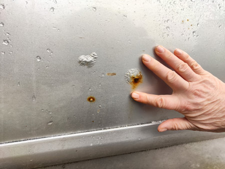 A person examines rust and scratches on silver car parked in a bright outdoor setting, focusing on the damaged areaの写真素材
