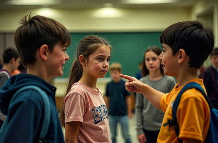 In a classroom filled with students, a teenager stands alone, facing bullying from classmates while others observe.の素材