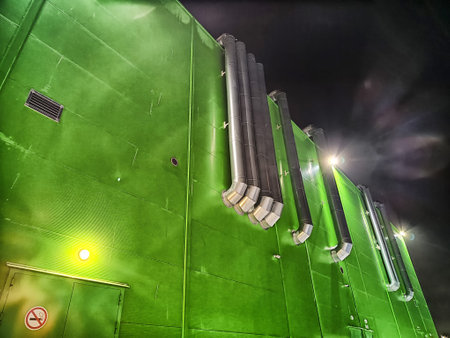Bright green building with metallic pipes is illuminated at night creating a striking visual contrast.の写真素材