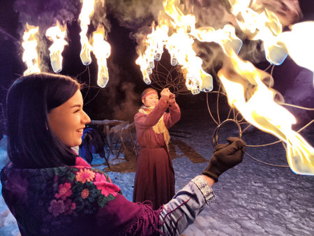 Ethereal fire show brings Viking warriors and Slavic heritage to life on a frosty winter night