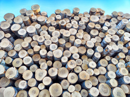 Neatly stacked logs create a textured pattern, set against a bright blue sky during a sunny...