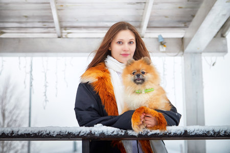 Pomeranian puppy enjoys winter stroll with loving woman in snowy landscapeの写真素材