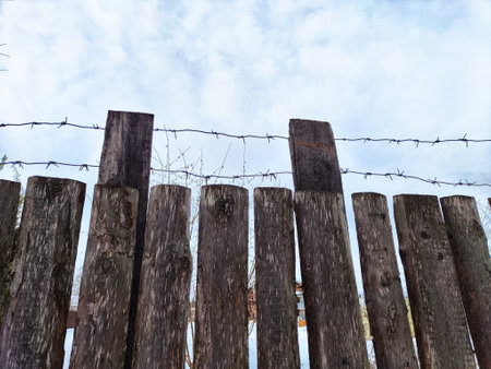 A rustic wooden fence made of vertical logs topped with barbed wire stands against a backdrop of a cloudy sky in a country setting.の写真素材
