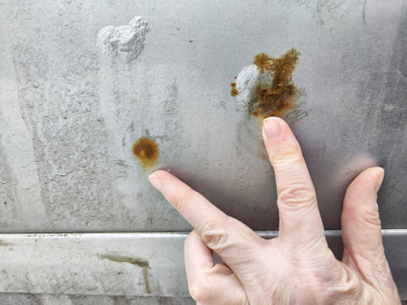 Individual examines rust discoloration on a metal surface while outdoors in a city setting under natural light.の写真素材