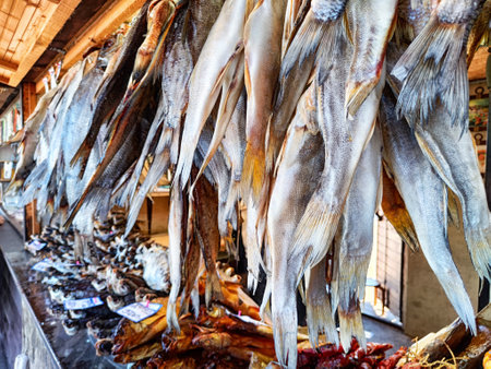 Freshly caught fish are dried and displayed in an open market stall, showcasing local fishing culture and vibrant community life.の写真素材