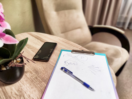 Workspace features a clipboard with sketches, a smartphone, and a decorative plant beside a chair in a warm room.の写真素材