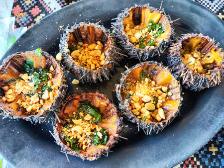 Delightful sweet treat featuring a vibrant mixture of ingredients presented in intricate, spiky...