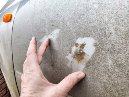 A hand touches the rusted dents on a gray vehicle parked outside, showing signs of wear and damage under natural light.の写真素材