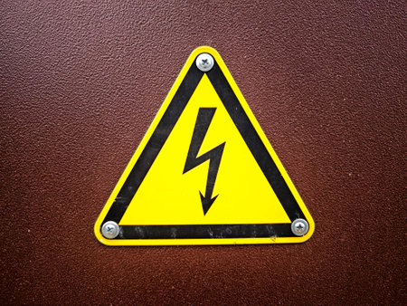 Yellow warning sign with a lightning bolt symbol alerts individuals to an electrical hazard in a protected environment.の写真素材