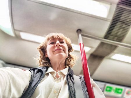 A middle-aged woman takes a selfie while holding onto a pole in a subway train, experiencing urban travel and adventure.の写真素材