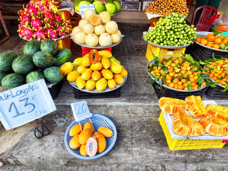 Fresh fruits of various kinds are arranged in baskets at a bustling market, creating a lively...