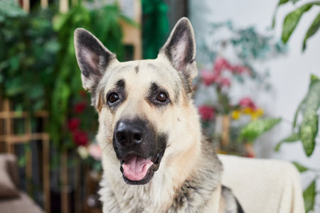 A cheerful German Shepherd stands in a warm living space adorned with vibrant plants and decor, showing its friendly expression and unique coat.の写真素材