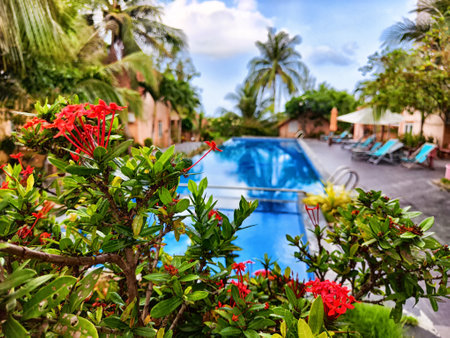 Colorful flowers bloom in the foreground, framing a tranquil swimming pool that reflects the clear sky and lush palm trees.の写真素材