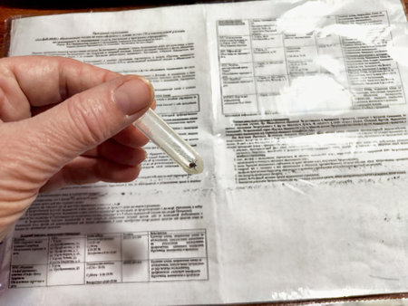 A person is seen holding a tick in a small vial, accompanied by a document detailing an insurance policy for tick bites and related illnesses.の写真素材