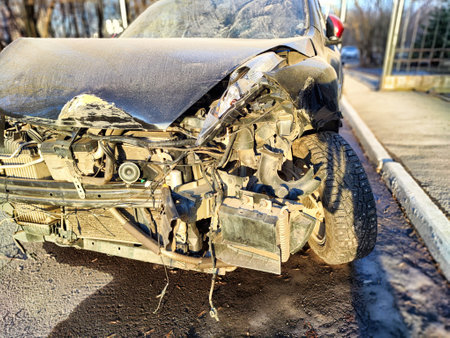 A black car displays significant front-end damage from a collision, parked on a city street during daylight hours, with blurred background.の写真素材