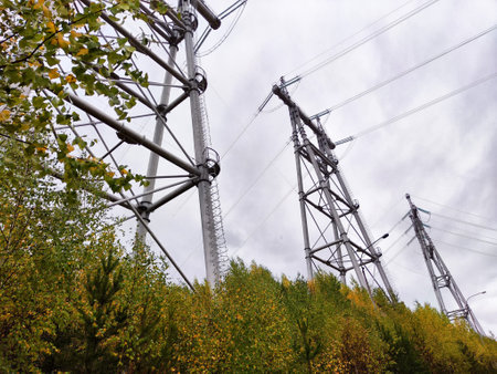 Krasnoyarsk Hydroelectric Power Station towers ascend amid vibrant trees under cloudy skies, showcasing engineering in harmony with nature.の写真素材