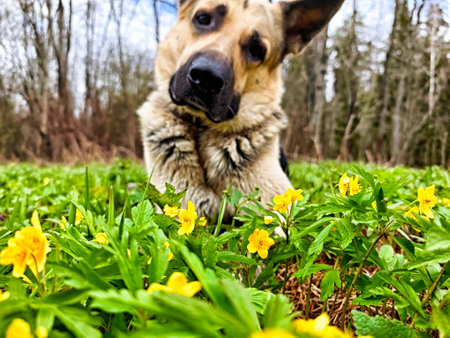 A German Shepherd enjoys a playful moment in a lush meadow adorned with blooming yellow flowers.の写真素材
