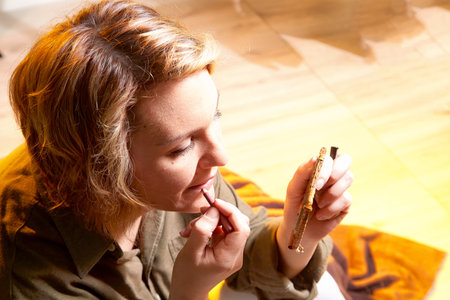 Woman applying lipstick in a bright indoor space during afternoon sunlightの写真素材