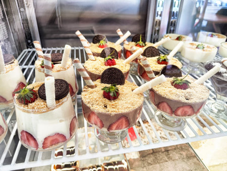 Colorful layered desserts featuring fresh strawberries, chocolate, and unique toppings displayed beautifully at a bakery.の写真素材