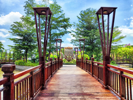 Wooden bridge stretches across tranquil water, surrounded by vibrant plants and trees, creating a peaceful natural setting.の写真素材