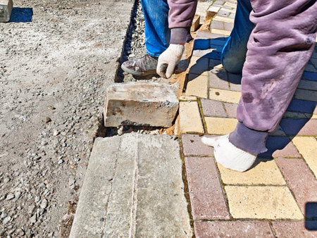 A construction worker is carefully placing paving stones to create a pathway, ensuring even spacing and alignment, under bright sunlight.の写真素材