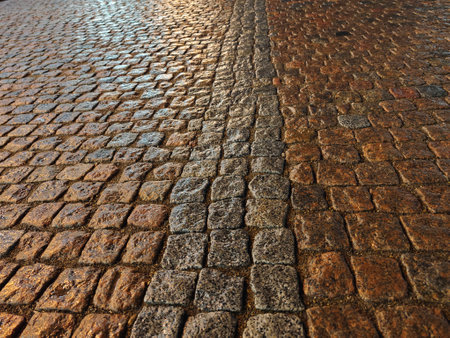 A beautiful cobblestone street captures reflections of soft light, offering a textured background and sufficient space for adding captions or designs.の写真素材